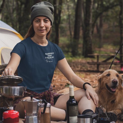 Introducing our latest camping t-shirt featuring a bear graphic and the empowering slogan "Respect The Locals".